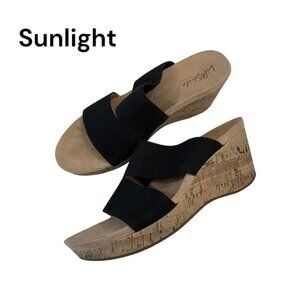LifeStride Womens Black Elastic Cork Wedge Sandals SZ 9W Casual Comfort Shoes